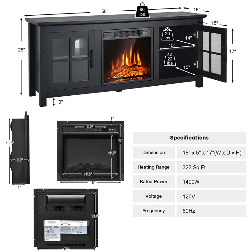 58" TV Console with 18" Fireplace Insert, Fireplace TV Stand for TVs up to 65 Inches, 1400W Electric Fireplace Heater