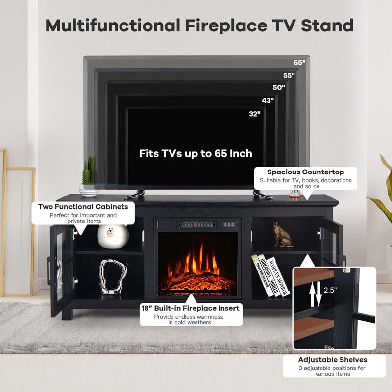 58" TV Console with 18" Fireplace Insert, Fireplace TV Stand for TVs up to 65 Inches, 1400W Electric Fireplace Heater