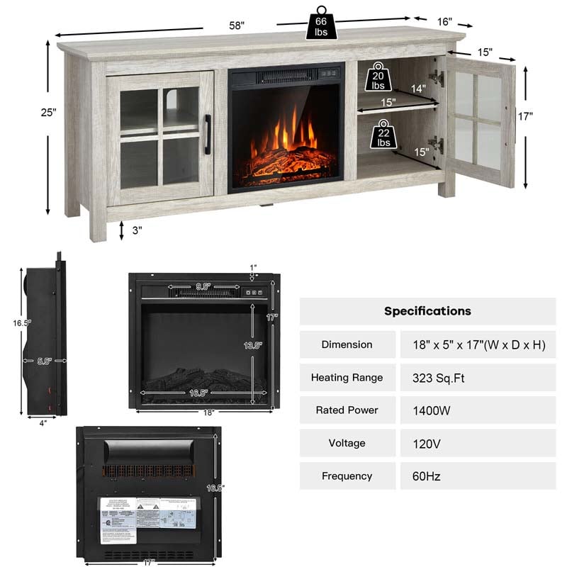 58" TV Console with 18" Fireplace Insert, Fireplace TV Stand for TVs up to 65 Inches, 1400W Electric Fireplace Heater