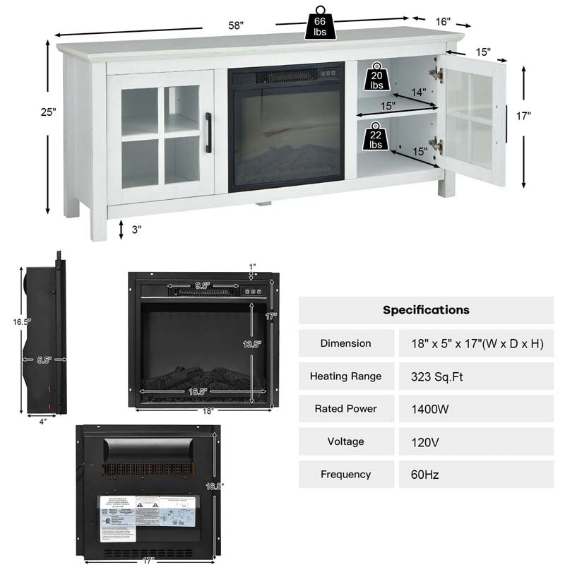58" TV Console with 18" Fireplace Insert, Fireplace TV Stand for TVs up to 65 Inches, 1400W Electric Fireplace Heater