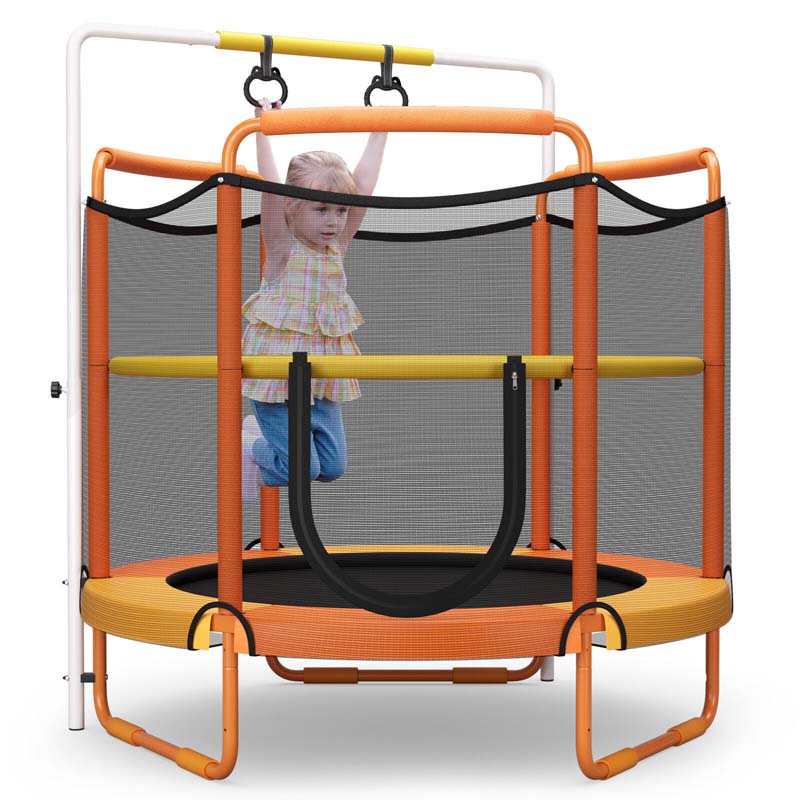 60" 3-in-1 Mini Trampoline for Kids 5Ft Toddler Recreational Trampoline with Gymnastic Rings & Horizontal Bar