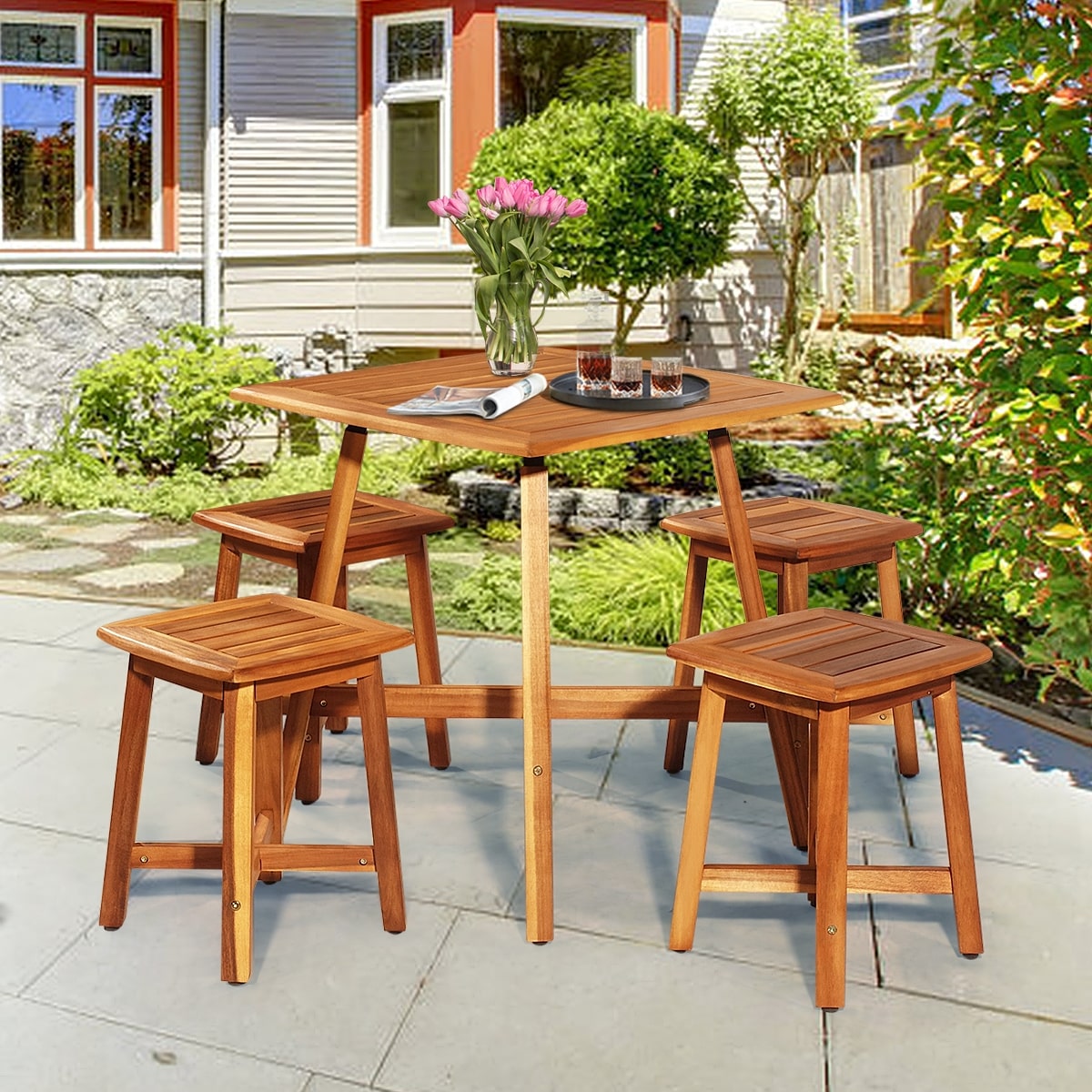 5 Piece Acacia Wood Patio Dining Furniture Set with Square Table & 4 Stools, Outdoor Bistro Set for Garden Porch Backyard Poolside