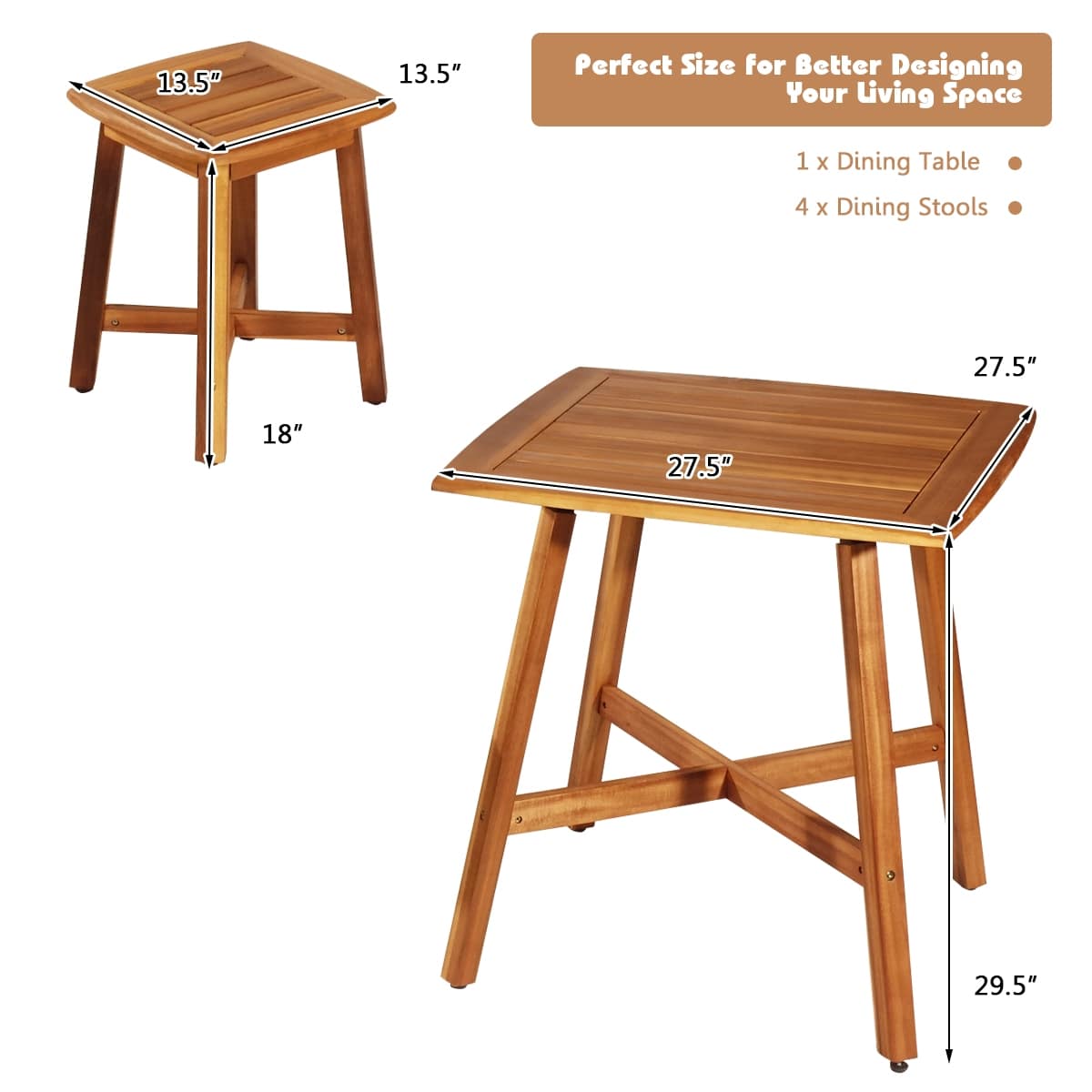 5 Piece Acacia Wood Patio Dining Furniture Set with Square Table & 4 Stools, Outdoor Bistro Set for Garden Porch Backyard Poolside