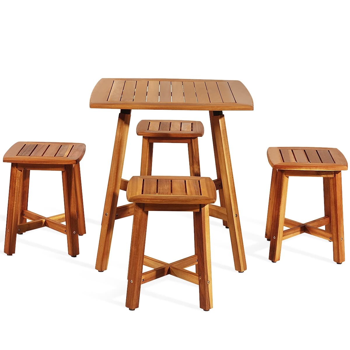 5 Piece Acacia Wood Patio Dining Furniture Set with Square Table & 4 Stools, Outdoor Bistro Set for Garden Porch Backyard Poolside