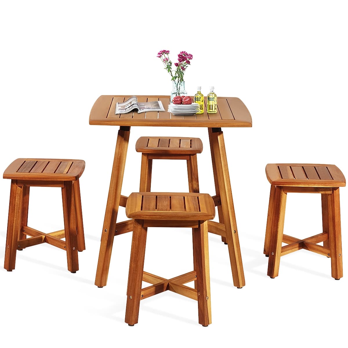 5 Piece Acacia Wood Patio Dining Furniture Set with Square Table & 4 Stools, Outdoor Bistro Set for Garden Porch Backyard Poolside