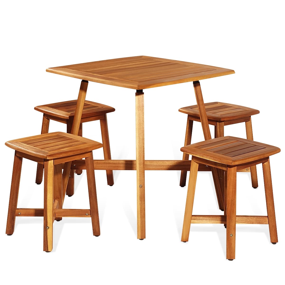 5 Piece Acacia Wood Patio Dining Furniture Set with Square Table & 4 Stools, Outdoor Bistro Set for Garden Porch Backyard Poolside