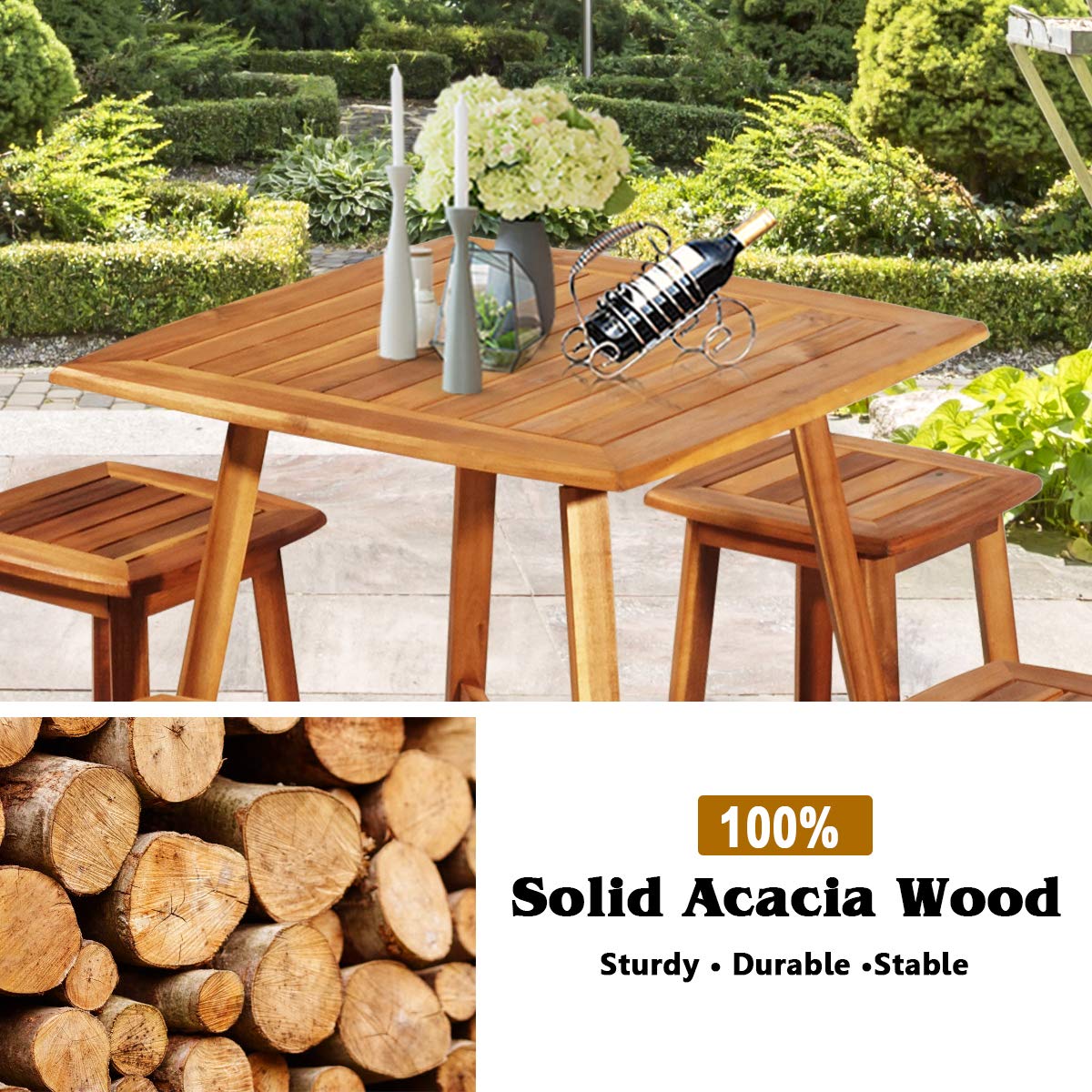 5 Piece Acacia Wood Patio Dining Furniture Set with Square Table & 4 Stools, Outdoor Bistro Set for Garden Porch Backyard Poolside