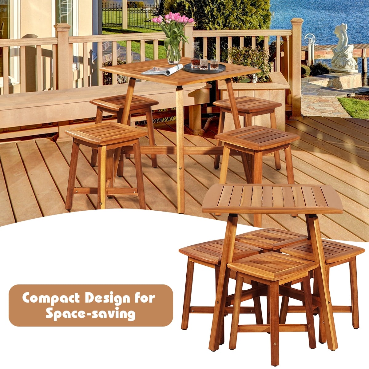 5 Piece Acacia Wood Patio Dining Furniture Set with Square Table & 4 Stools, Outdoor Bistro Set for Garden Porch Backyard Poolside