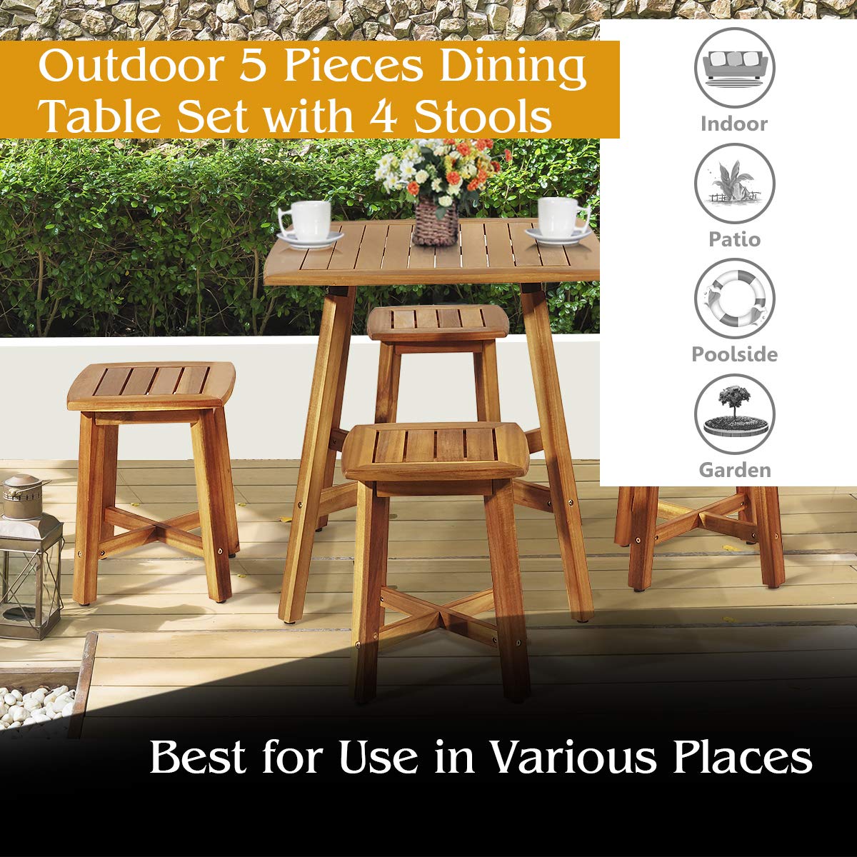 5 Piece Acacia Wood Patio Dining Furniture Set with Square Table & 4 Stools, Outdoor Bistro Set for Garden Porch Backyard Poolside