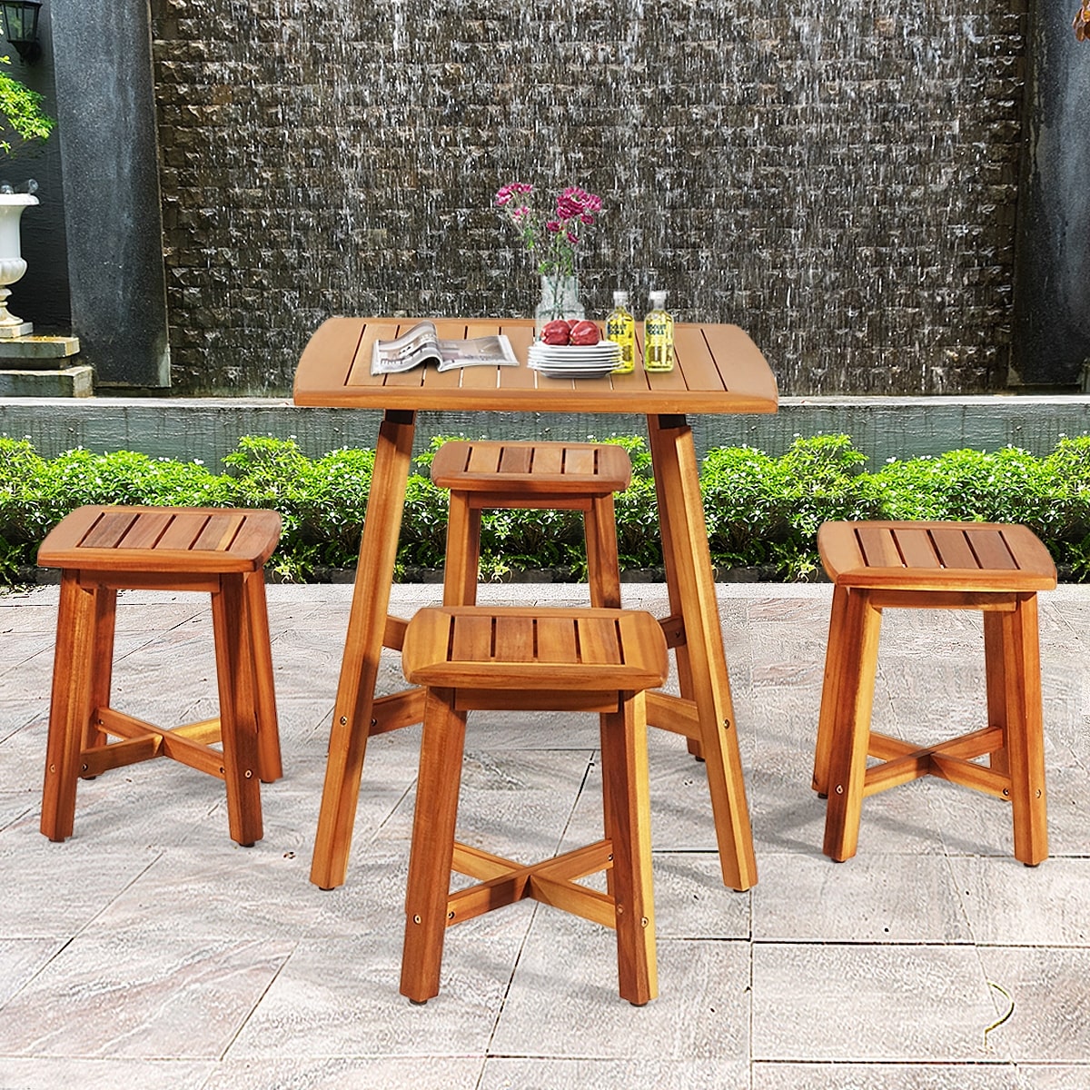 5 Piece Acacia Wood Patio Dining Furniture Set with Square Table & 4 Stools, Outdoor Bistro Set for Garden Porch Backyard Poolside