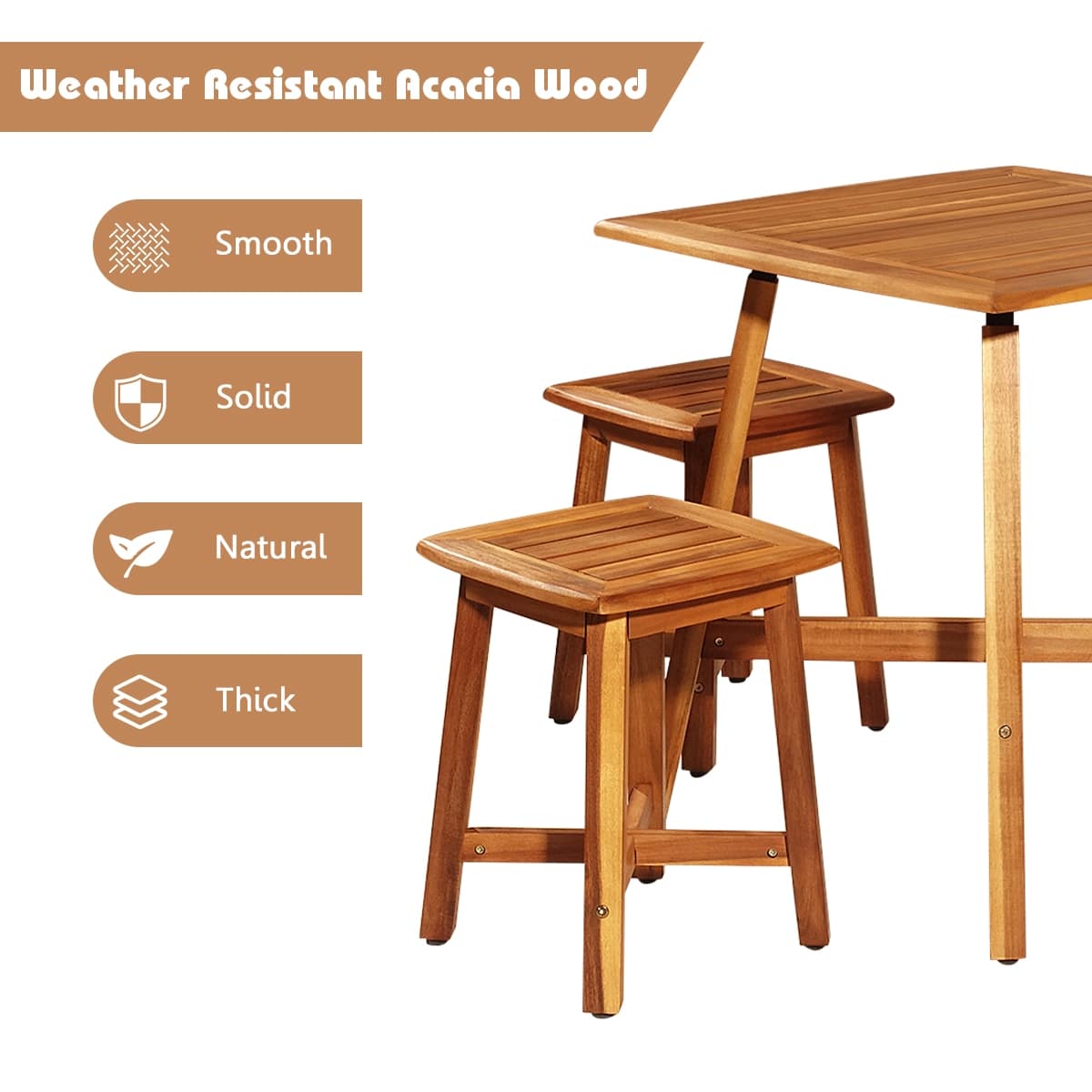 5 Piece Acacia Wood Patio Dining Furniture Set with Square Table & 4 Stools, Outdoor Bistro Set for Garden Porch Backyard Poolside