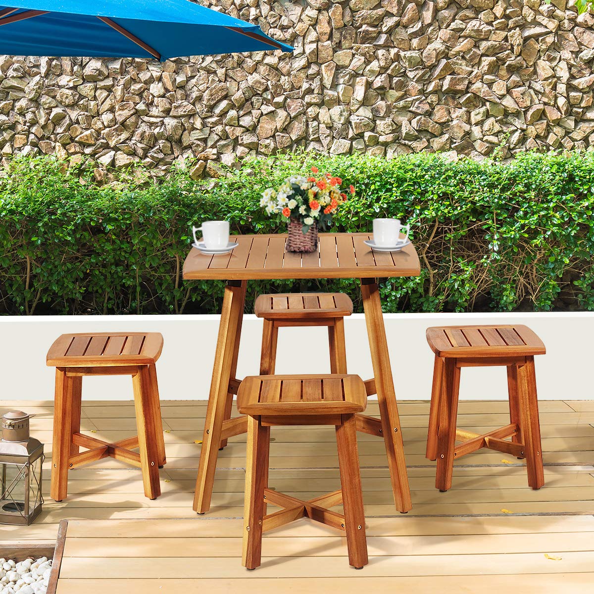 5 Piece Acacia Wood Patio Dining Furniture Set with Square Table & 4 Stools, Outdoor Bistro Set for Garden Porch Backyard Poolside