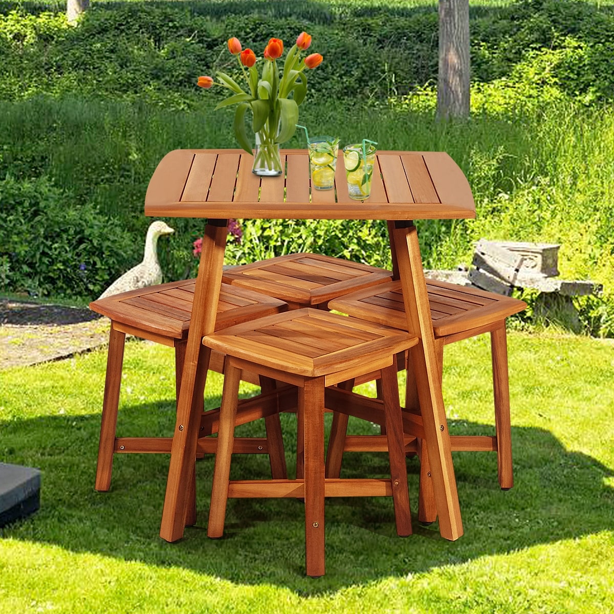 5 Piece Acacia Wood Patio Dining Furniture Set with Square Table & 4 Stools, Outdoor Bistro Set for Garden Porch Backyard Poolside