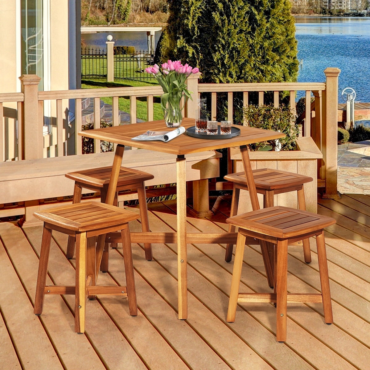 5 Piece Acacia Wood Patio Dining Furniture Set with Square Table & 4 Stools, Outdoor Bistro Set for Garden Porch Backyard Poolside