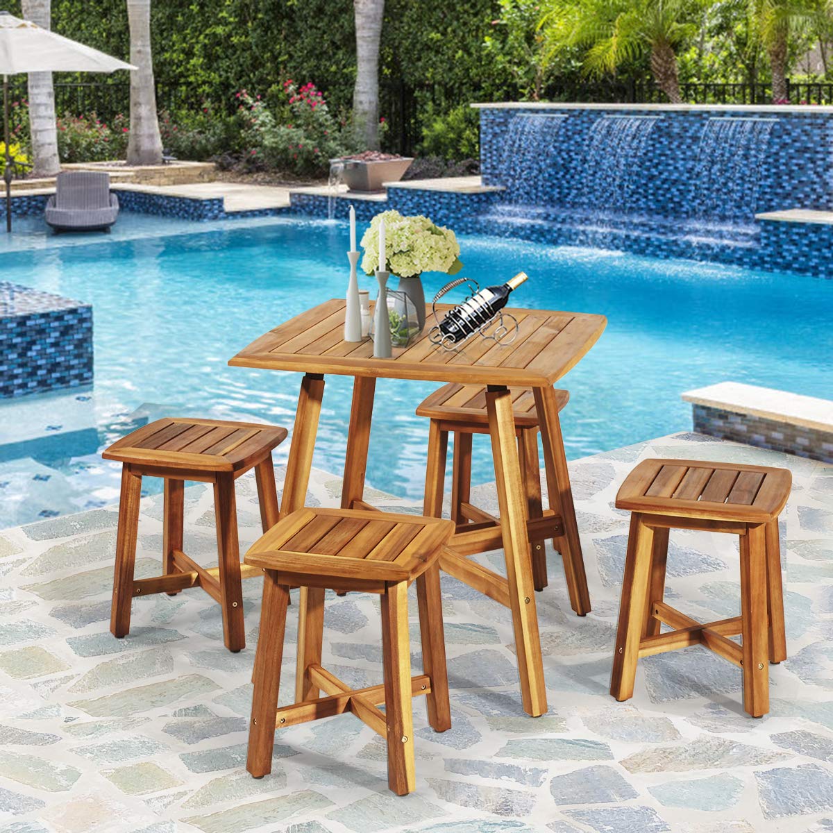 5 Piece Acacia Wood Patio Dining Furniture Set with Square Table & 4 Stools, Outdoor Bistro Set for Garden Porch Backyard Poolside