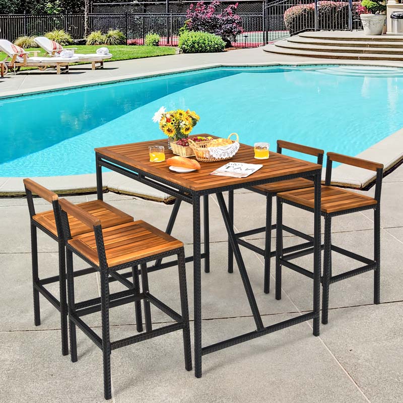 5 Pcs Acacia Wood Rattan Wicker Outdoor Patio Bar Set Dining Table Set with 1.9" Umbrella Hole & 4 Bar Stools