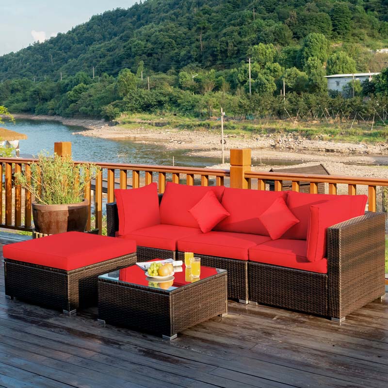 5 Pcs Outdoor Patio Rattan Furniture Sectional Sofa Set Wicker Conversation Set with Cushions