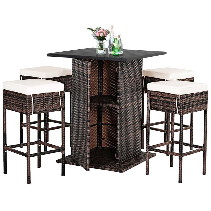 5 Pcs Rattan Patio Bar Set Counter Height Dining Table Set with Hidden Storage Shelf & Cushioned Bar Stools