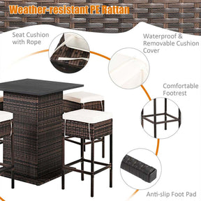 5 Pcs Rattan Patio Bar Set Counter Height Dining Table Set with Hidden Storage Shelf & Cushioned Bar Stools