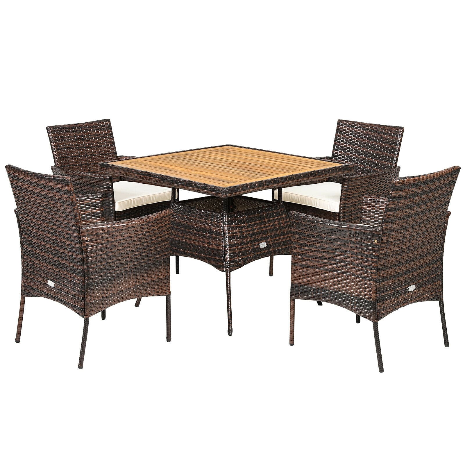 5 Piece PE Wicker Patio Dining Set with Cushions & Umbrella Hole, Outdoor Acacia Wood Dining Table & Armchairs for Backyard Garden Porch