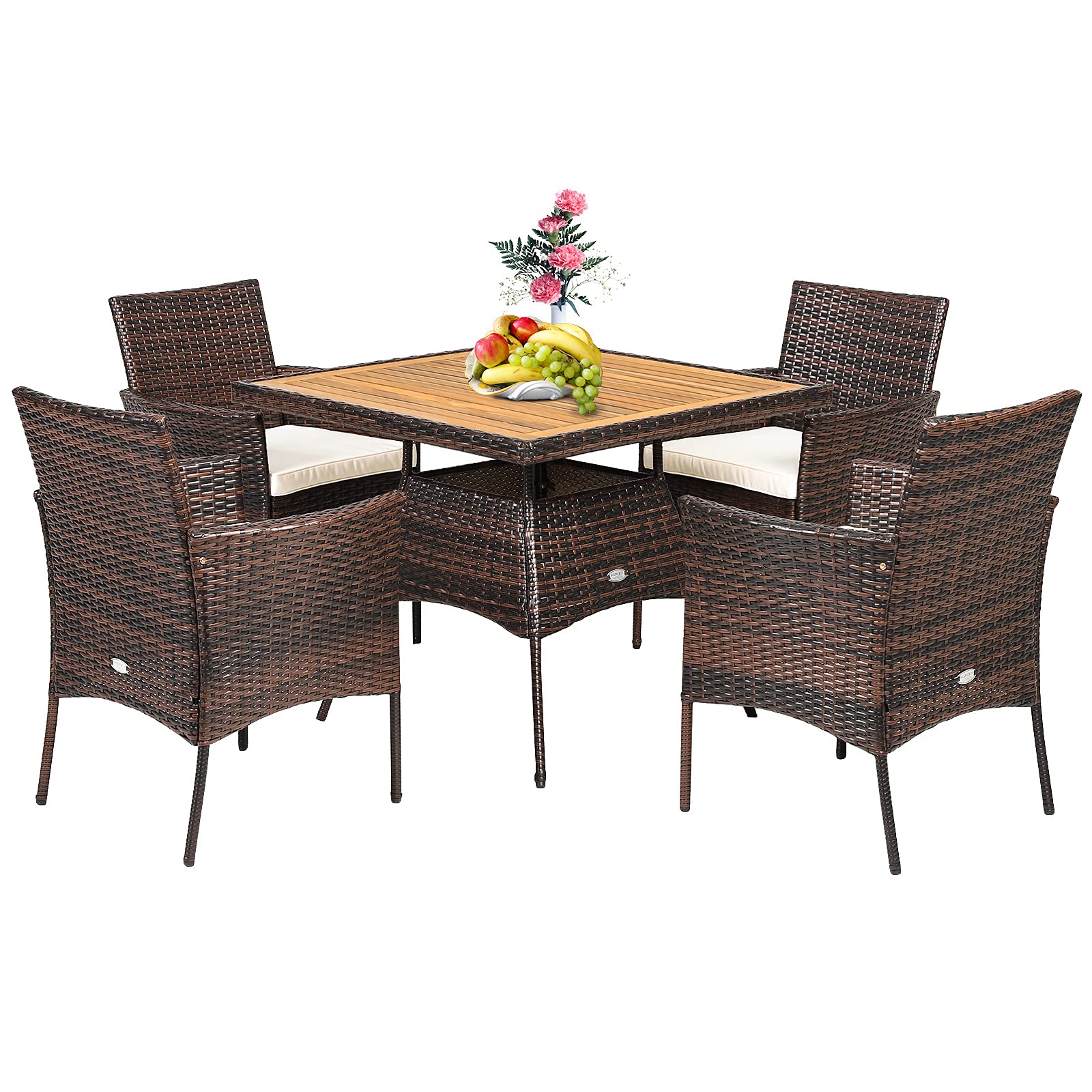 5 Piece PE Wicker Patio Dining Set with Cushions & Umbrella Hole, Outdoor Acacia Wood Dining Table & Armchairs for Backyard Garden Porch