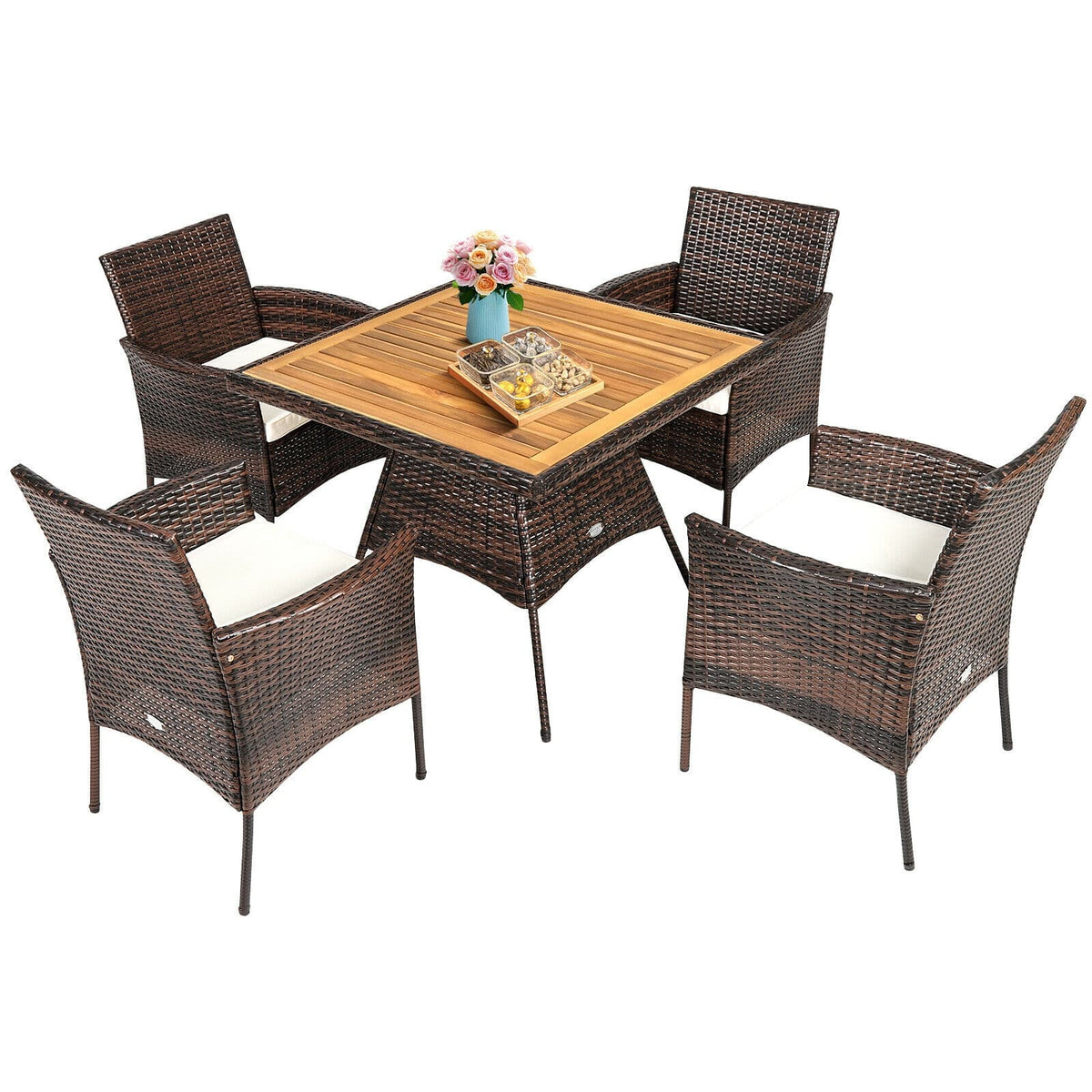 5 Piece PE Wicker Patio Dining Set with Cushions & Umbrella Hole, Outdoor Acacia Wood Dining Table & Armchairs for Backyard Garden Porch