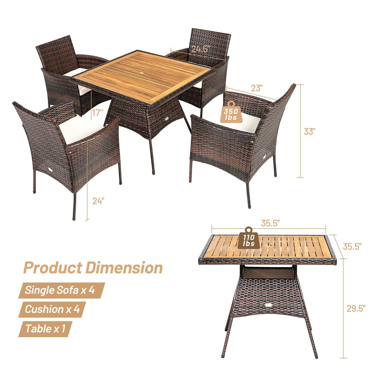 5 Piece PE Wicker Patio Dining Set with Cushions & Umbrella Hole, Outdoor Acacia Wood Dining Table & Armchairs for Backyard Garden Porch