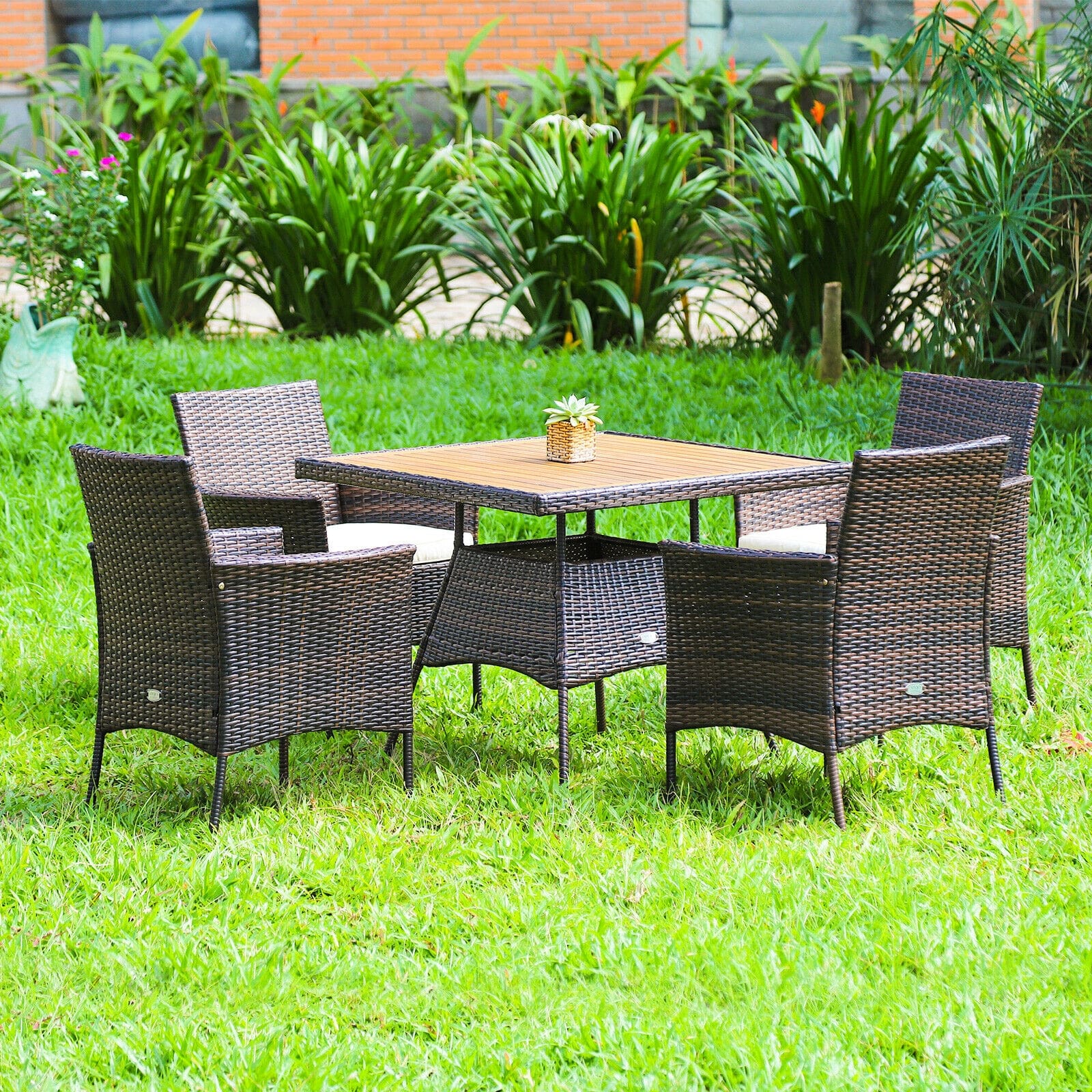 5 Piece PE Wicker Patio Dining Set with Cushions & Umbrella Hole, Outdoor Acacia Wood Dining Table & Armchairs for Backyard Garden Porch
