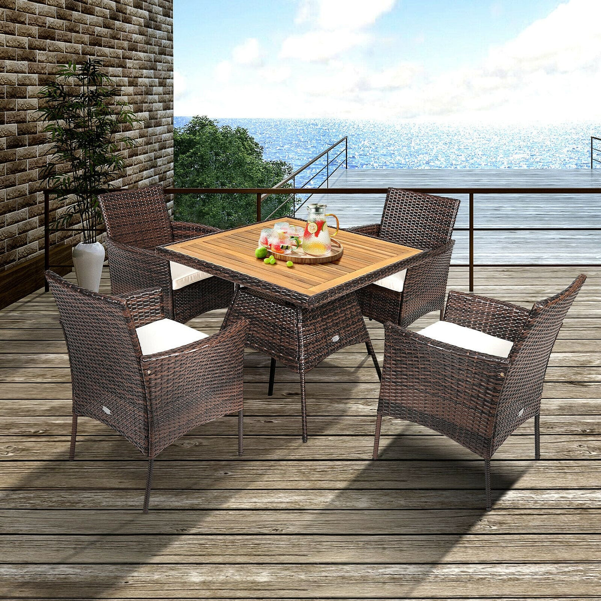 5 Piece PE Wicker Patio Dining Set with Cushions & Umbrella Hole, Outdoor Acacia Wood Dining Table & Armchairs for Backyard Garden Porch