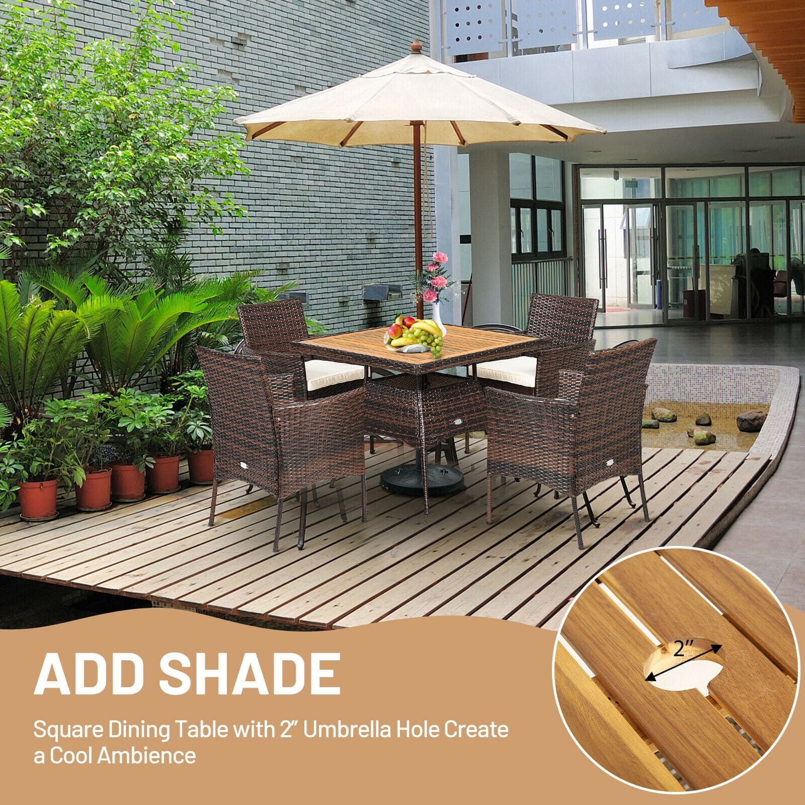 5 Piece PE Wicker Patio Dining Set with Cushions & Umbrella Hole, Outdoor Acacia Wood Dining Table & Armchairs for Backyard Garden Porch