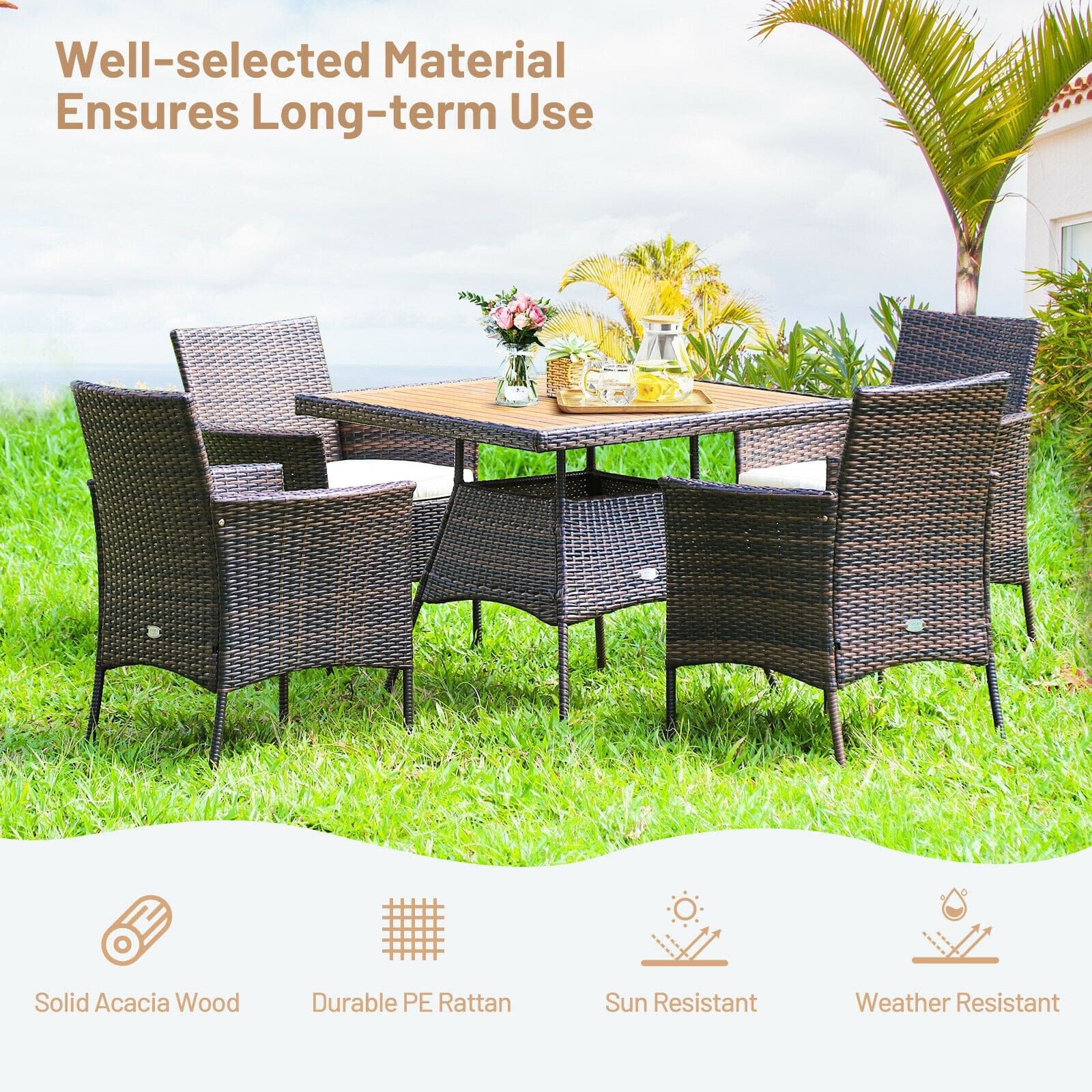 5 Piece PE Wicker Patio Dining Set with Cushions & Umbrella Hole, Outdoor Acacia Wood Dining Table & Armchairs for Backyard Garden Porch