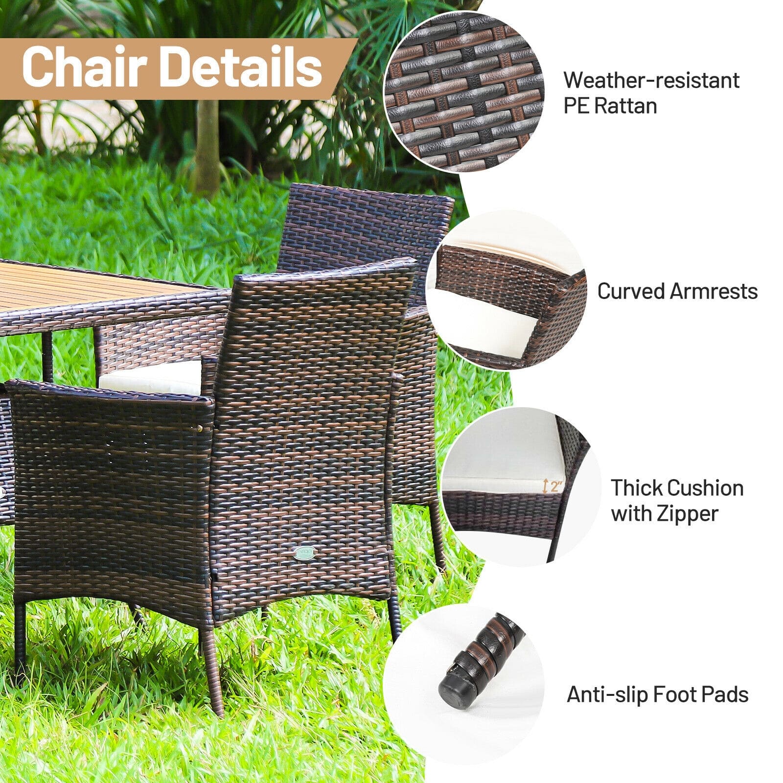 5 Piece PE Wicker Patio Dining Set with Cushions & Umbrella Hole, Outdoor Acacia Wood Dining Table & Armchairs for Backyard Garden Porch
