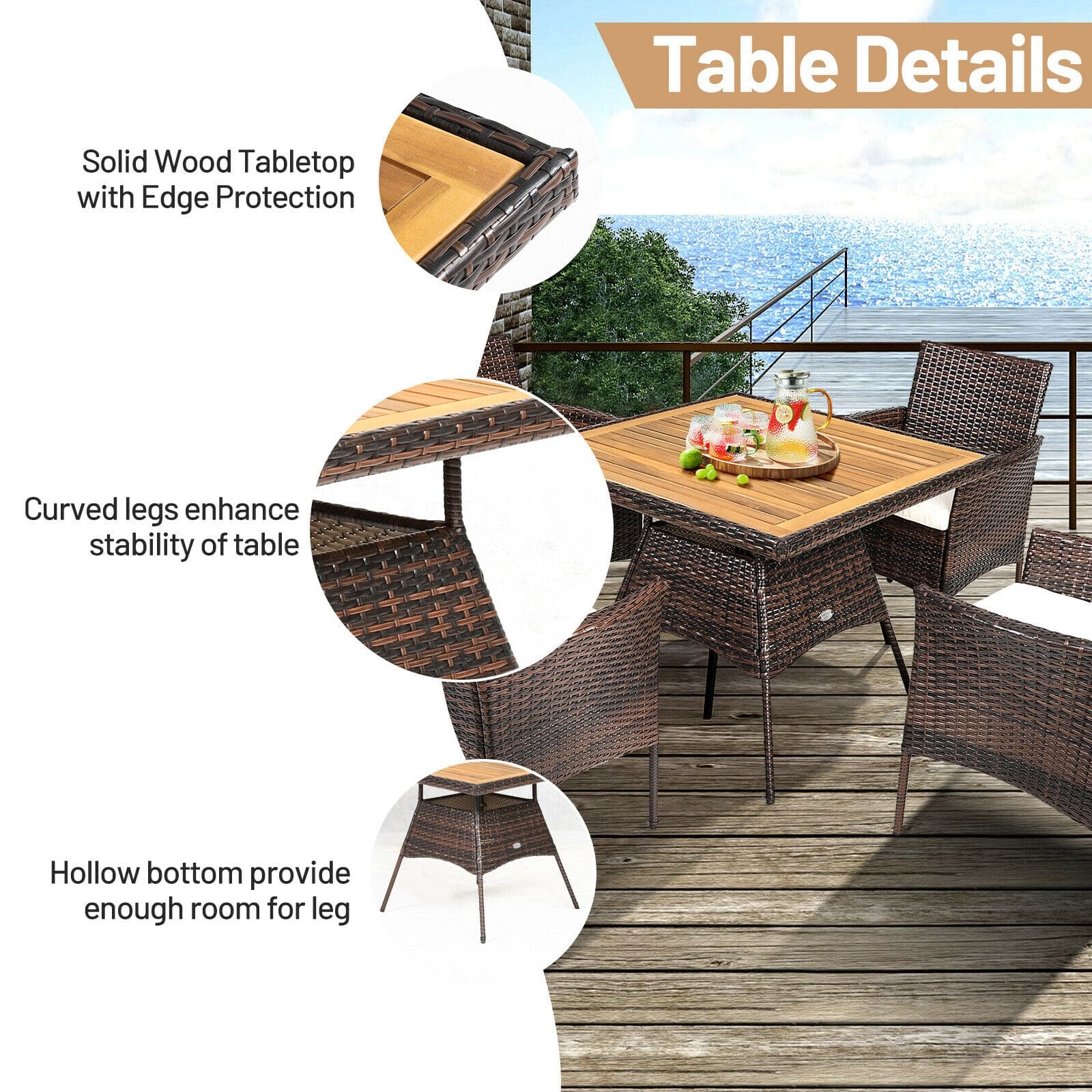 5 Piece PE Wicker Patio Dining Set with Cushions & Umbrella Hole, Outdoor Acacia Wood Dining Table & Armchairs for Backyard Garden Porch