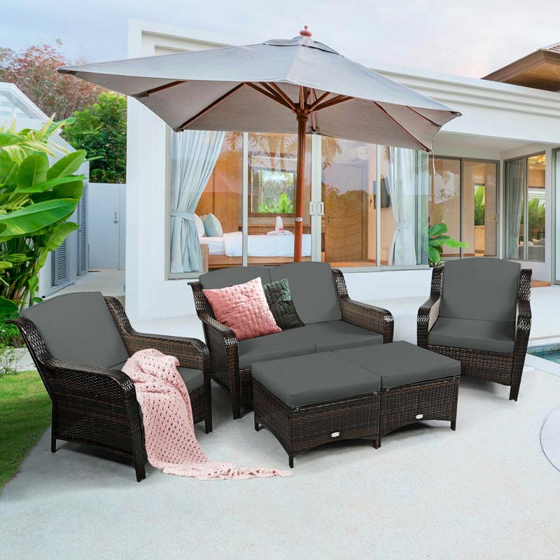 5 Pcs Rattan Wicker Patio Furniture Set with Loveseat, Single Sofas & Ottomans, Outdoor Conversation Sets