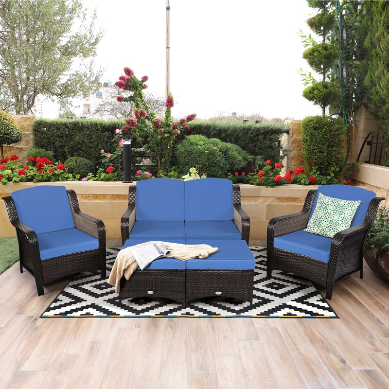 5 Pcs Rattan Wicker Patio Furniture Set with Loveseat, Single Sofas & Ottomans, Outdoor Conversation Sets