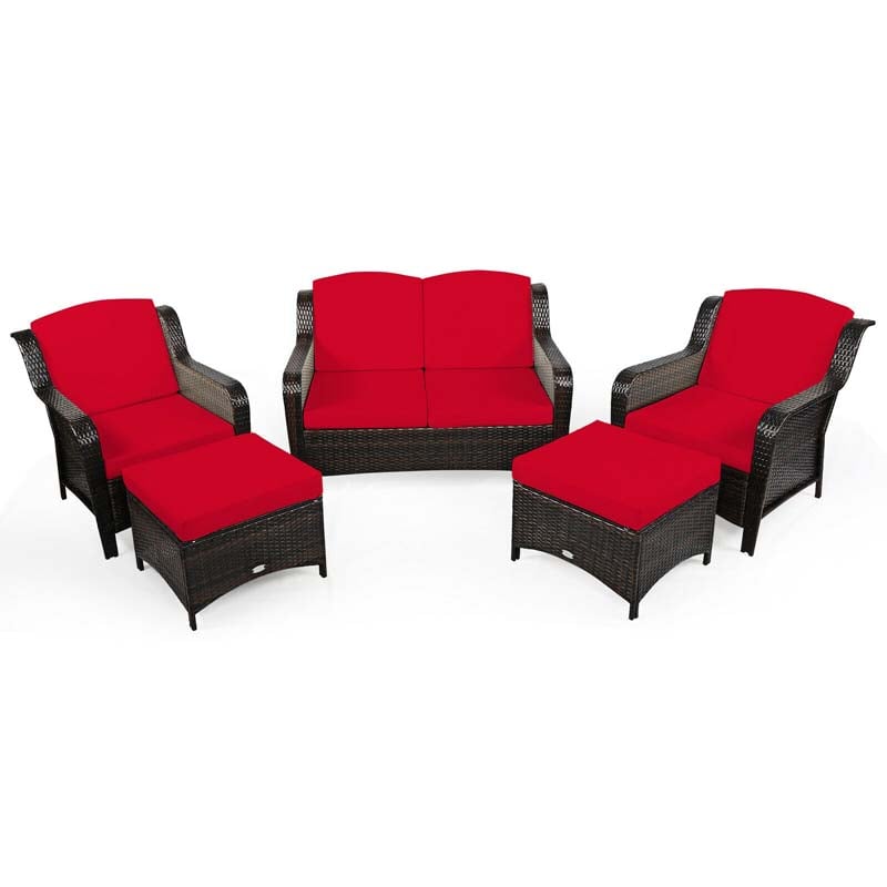 5 Pcs Rattan Wicker Patio Furniture Set with Loveseat, Single Sofas & Ottomans, Outdoor Conversation Sets