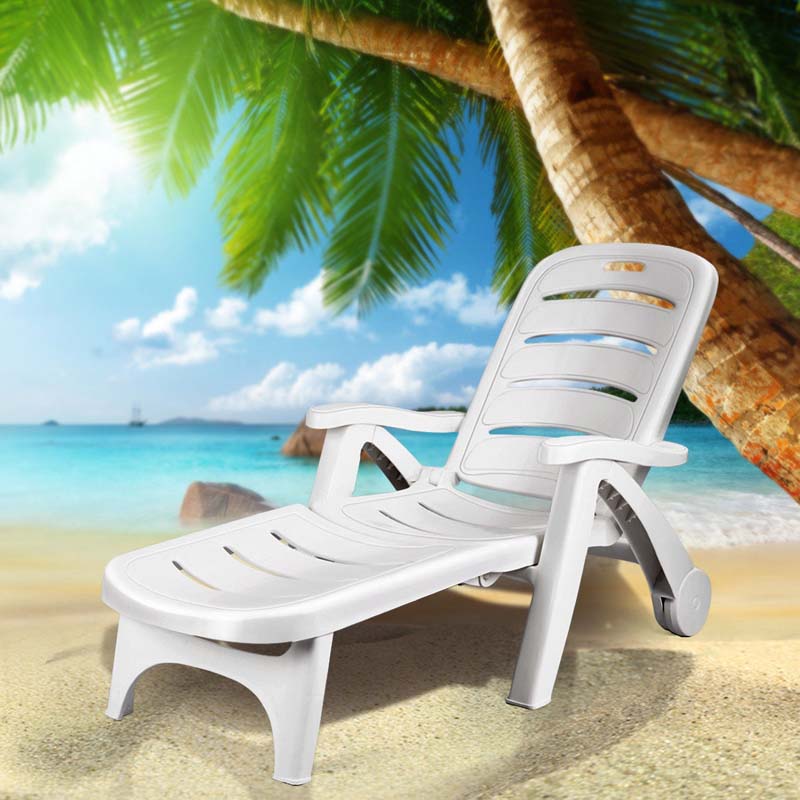 Rolling Folding Plastic Pool Lounge Chair with Armrests, 5-Position Outdoor Sun Lounger Patio Deck Chair Beach Chair