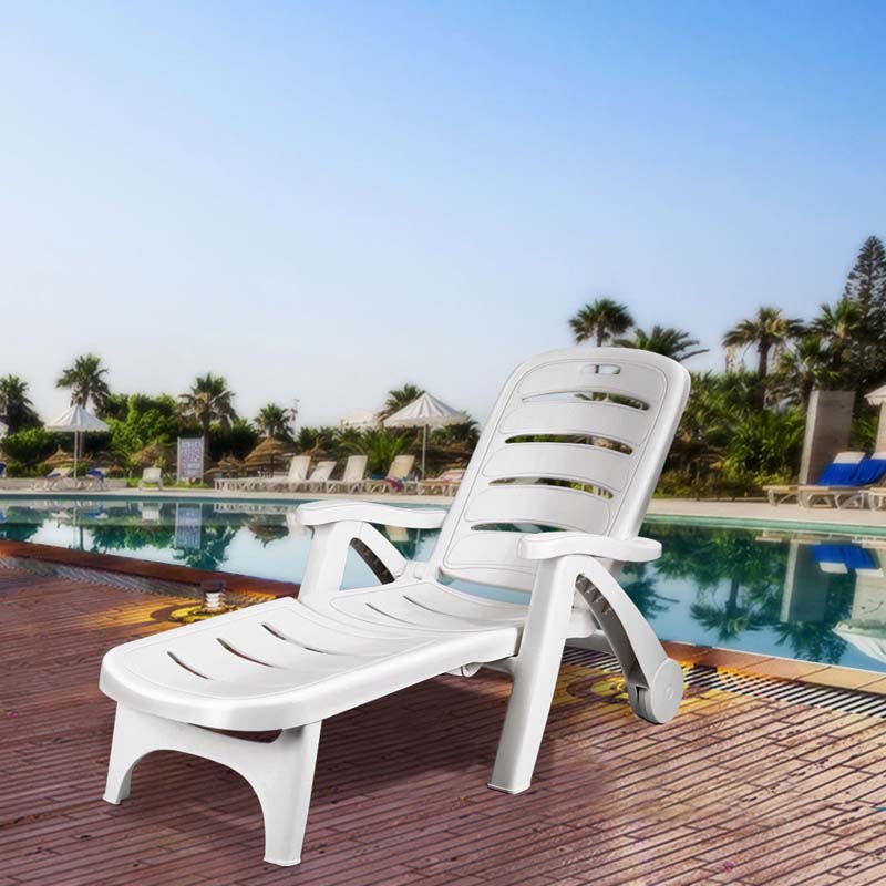 Rolling Folding Plastic Pool Lounge Chair with Armrests, 5-Position Outdoor Sun Lounger Patio Deck Chair Beach Chair