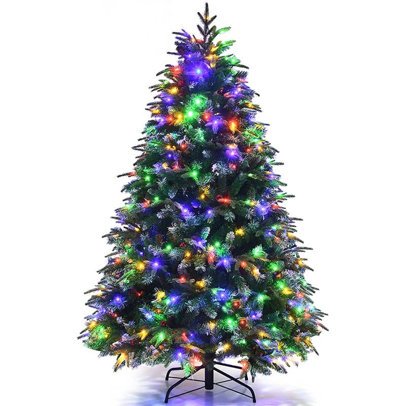 5/6/7/9FT Snowy Leaves Pre-Lit Hinged Artificial Christmas Tree with 11 Flash Modes & Multi-Color Lights