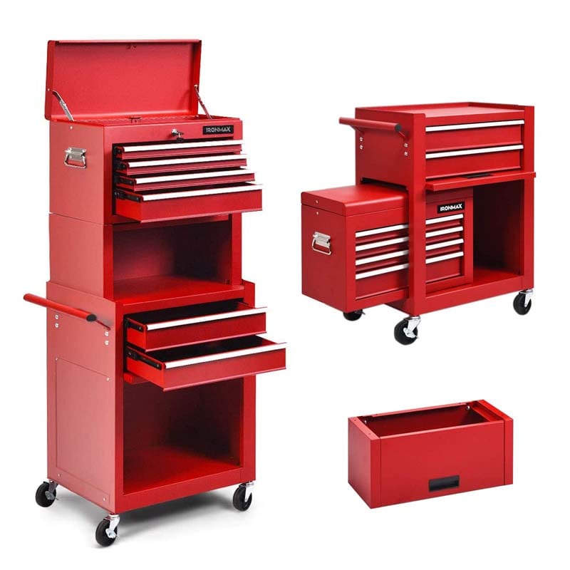 Heightened 6-Drawer Rolling Tool Chest Cabinet with Riser & Lock, 3 in 1 Big Toolbox Organizer for Workshop Garage