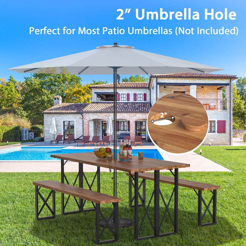 4-8 Person Acacia Wood Outdoor Picnic Table & Bench Set with 2" Umbrella Hole, 800Lbs Capacity Space-Saving Camping Dining Table Set for Patio Garden