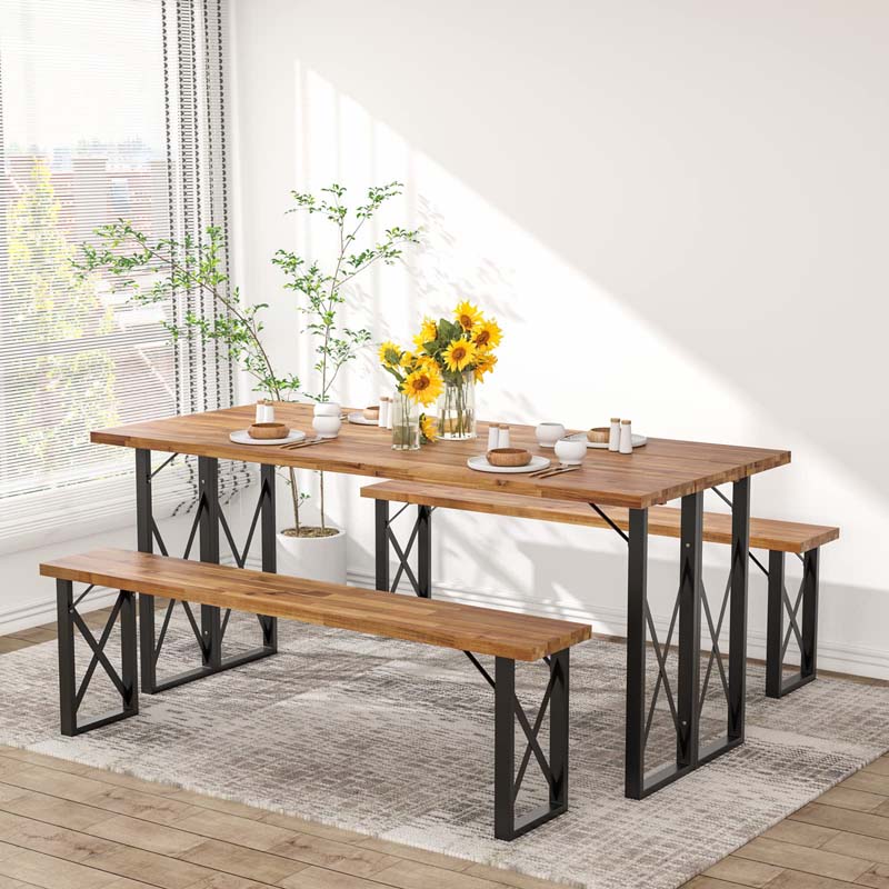4-8 Person Acacia Wood Outdoor Picnic Table & Bench Set with 2" Umbrella Hole, 800Lbs Capacity Space-Saving Camping Dining Table Set for Patio Garden