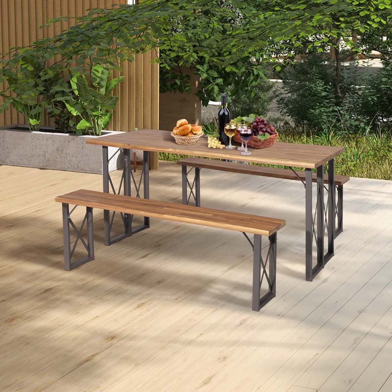 3 Pcs Acacia Wood Outdoor Picnic Table Bench Set with 2" Umbrella Hole, Space-Saving Camping Dining Table Set