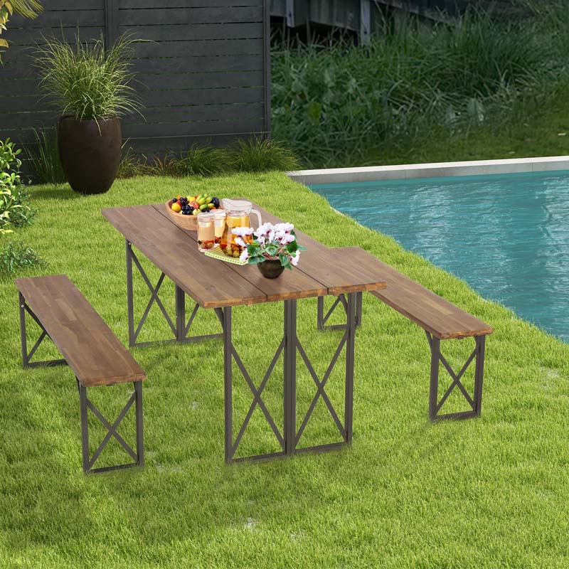 4-8 Person Acacia Wood Outdoor Picnic Table & Bench Set with 2" Umbrella Hole, 800Lbs Capacity Space-Saving Camping Dining Table Set for Patio Garden