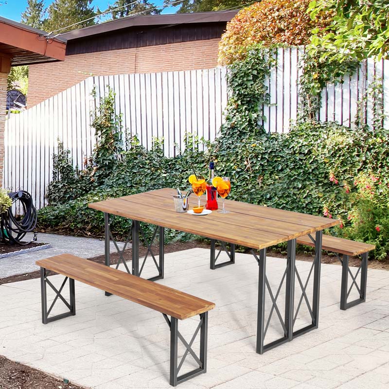 4-8 Person Acacia Wood Outdoor Picnic Table & Bench Set with 2" Umbrella Hole, 800Lbs Capacity Space-Saving Camping Dining Table Set for Patio Garden