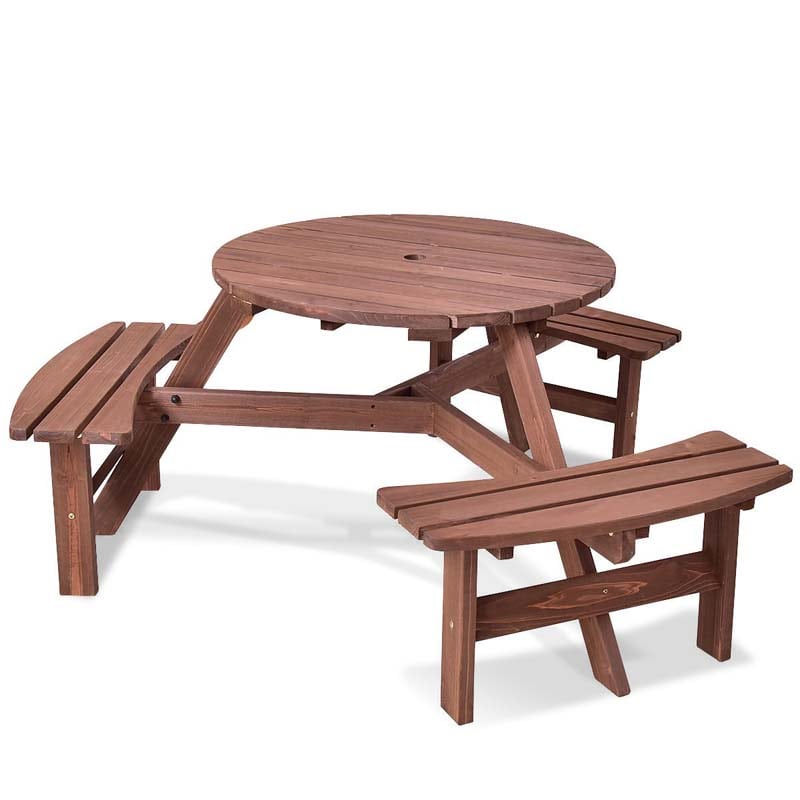 6-Person Outdoor Patio Wooden Round Picnic Dining Table Bench Set with Umbrella Hole & 3 Benches