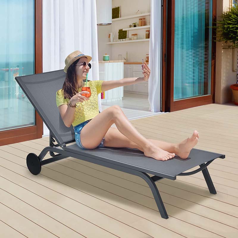 Aluminum Patio Chaise Lounge Chair with Wheels, 6-Position Fabric Outdoor Sun Lounger for Pool Beach Deck Yard