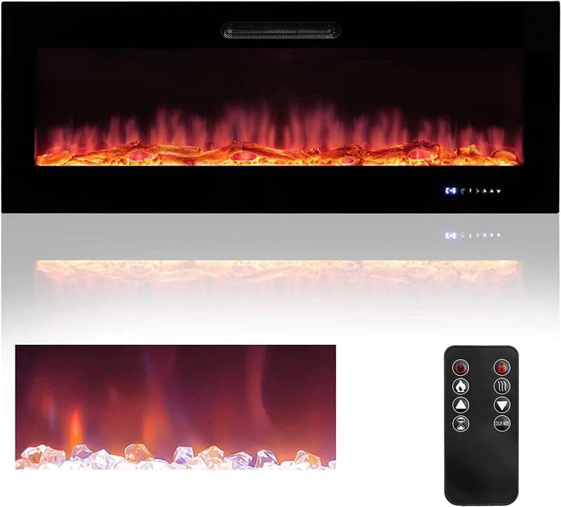50"/60" Recessed Electric Fireplace Heater, 5000 BTU Wall Mounted Fireplace Insert with Log & Decorative Crystal