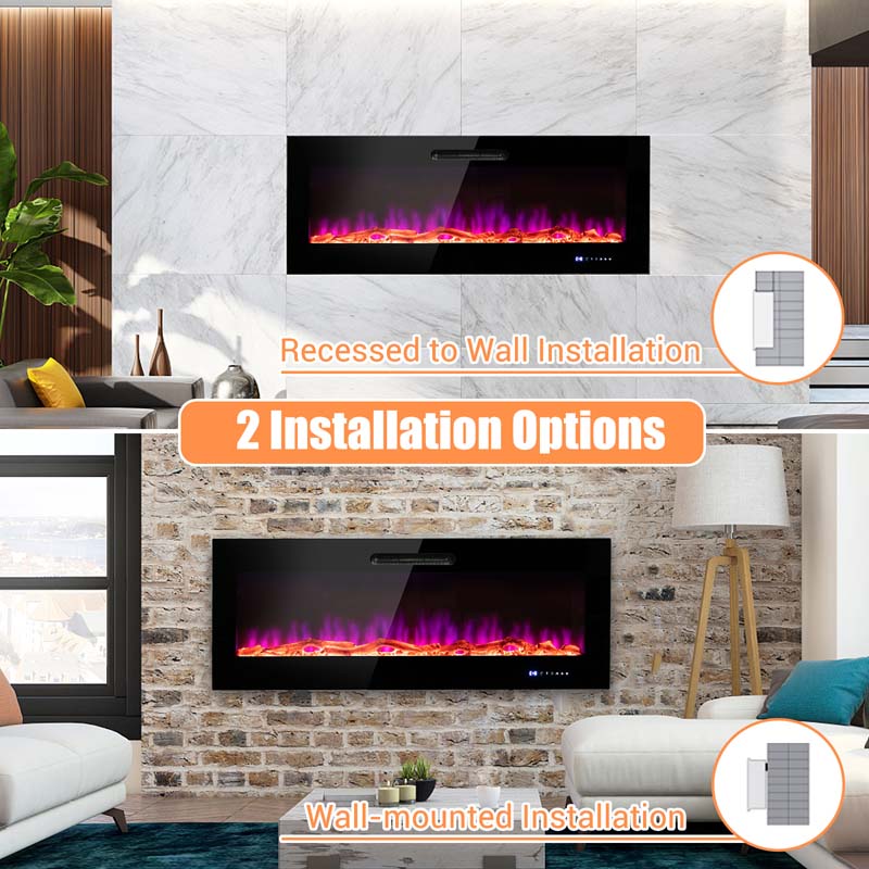 50"/60" Recessed Electric Fireplace Heater, 5000 BTU Wall Mounted Fireplace Insert with Log & Decorative Crystal