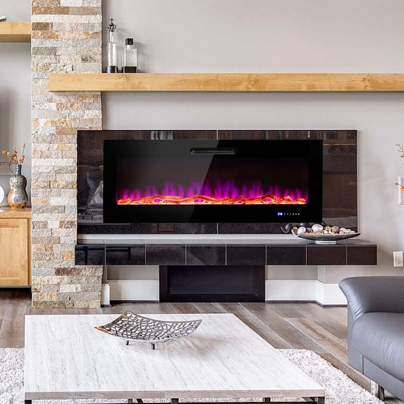 50"/60" Recessed Electric Fireplace Heater, 5000 BTU Wall Mounted Fireplace Insert with Log & Decorative Crystal